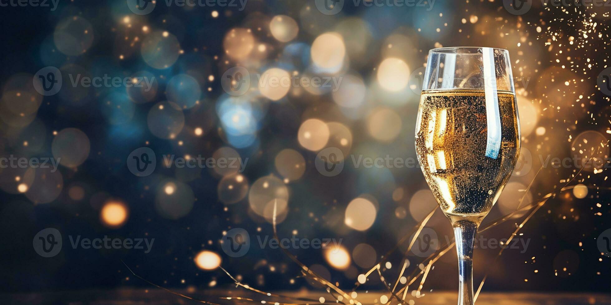 ai generiert Brille von Champagner gegen das Hintergrund von festlich Feuerwerk und Gold funkelt. festlich Hintergrund zum Weihnachten, Neu Jahr. ai generiert foto