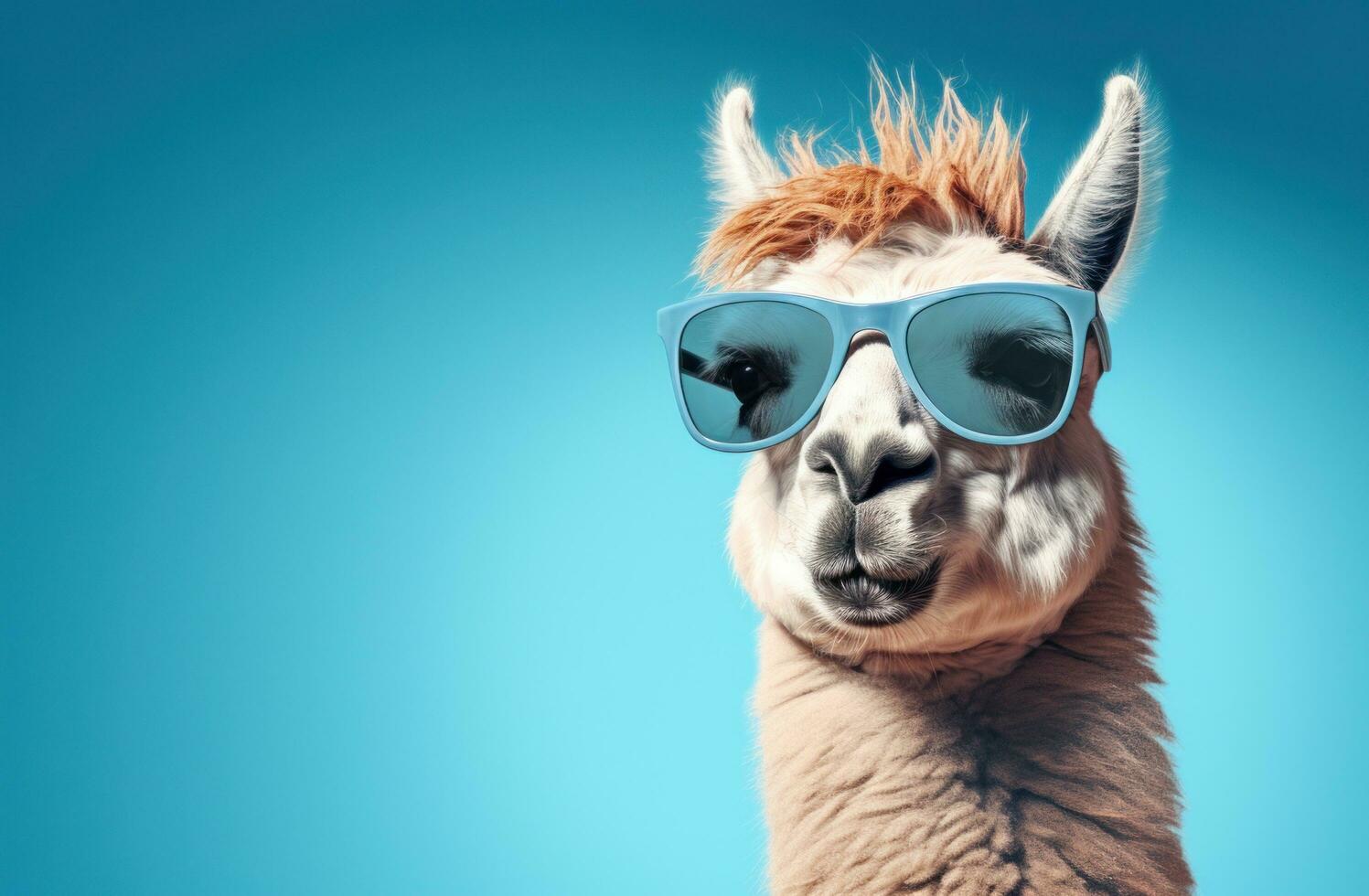 ai generiert ein Lama tragen Sonnenbrille auf ein Blau Hintergrund foto