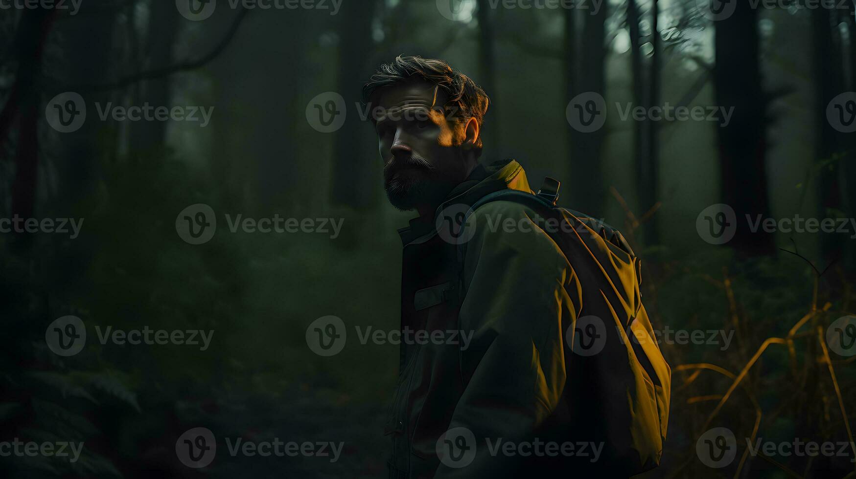 ai generiert Mann mit Rucksack Wandern im das Wald beim Nacht. Abenteuer und Reise Konzept foto