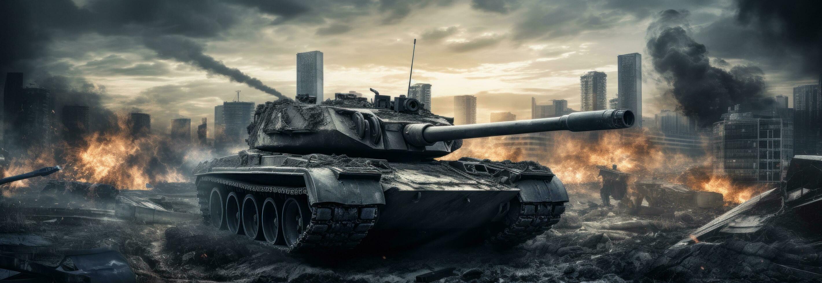 ai generiert das Panzer Fahren durch ein apokalyptisch Stadt im das Hintergrund foto