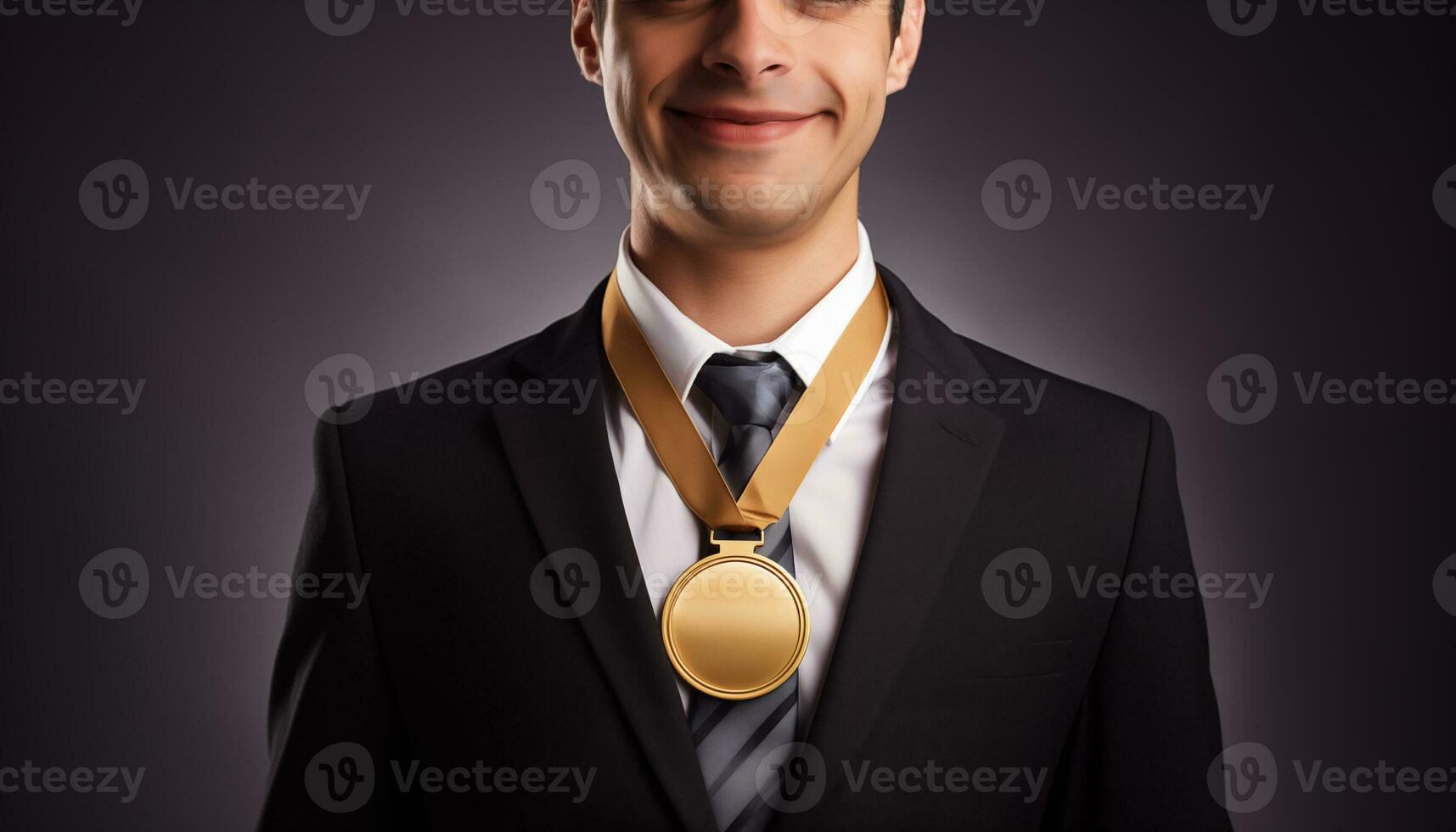 ai generiert glücklich Geschäftsmann tragen ein Gold Medaille. Geschäft Konzept foto