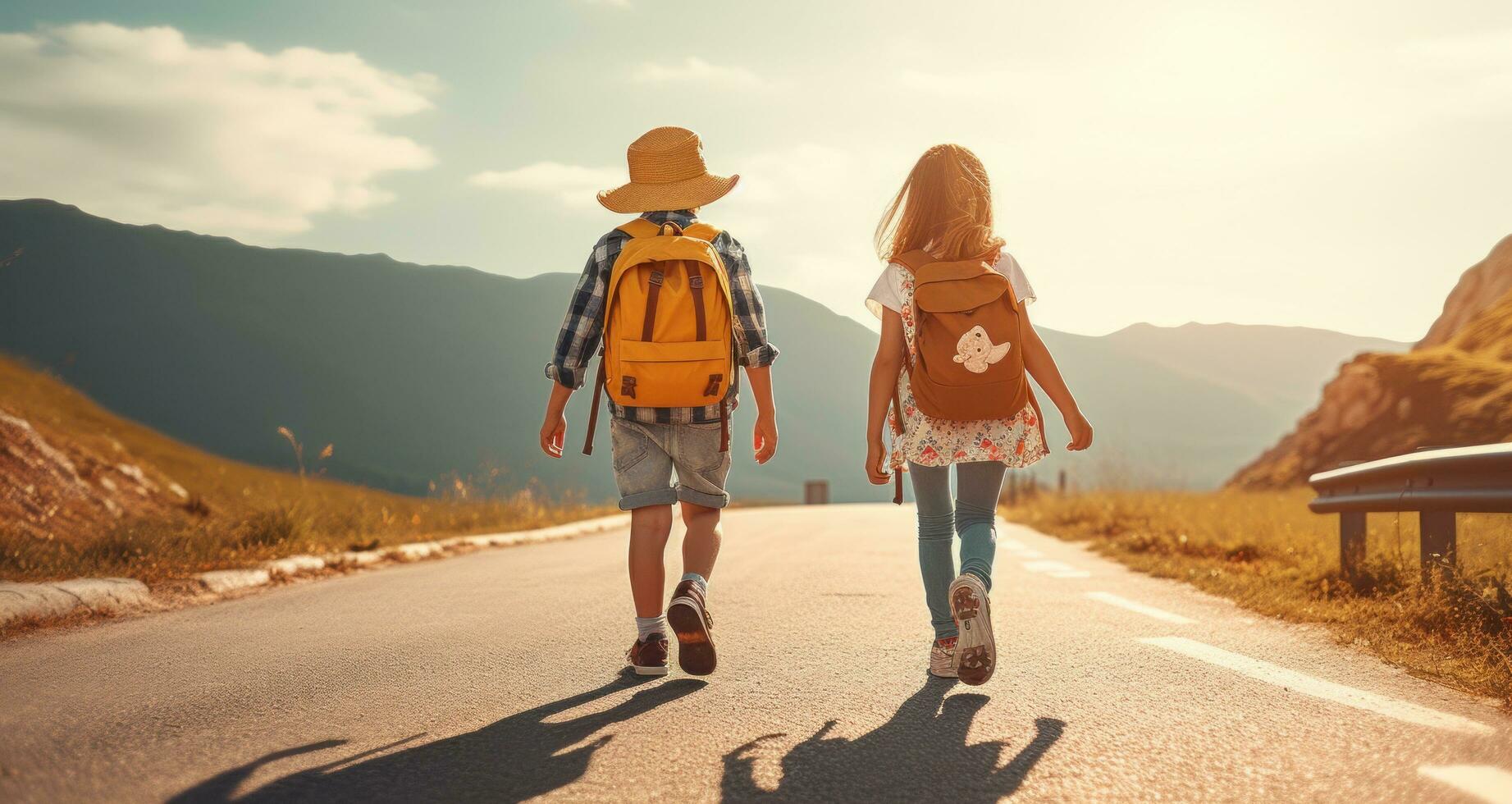 ai generiert jung Kinder mit Rucksäcke Gehen auf das Straße foto