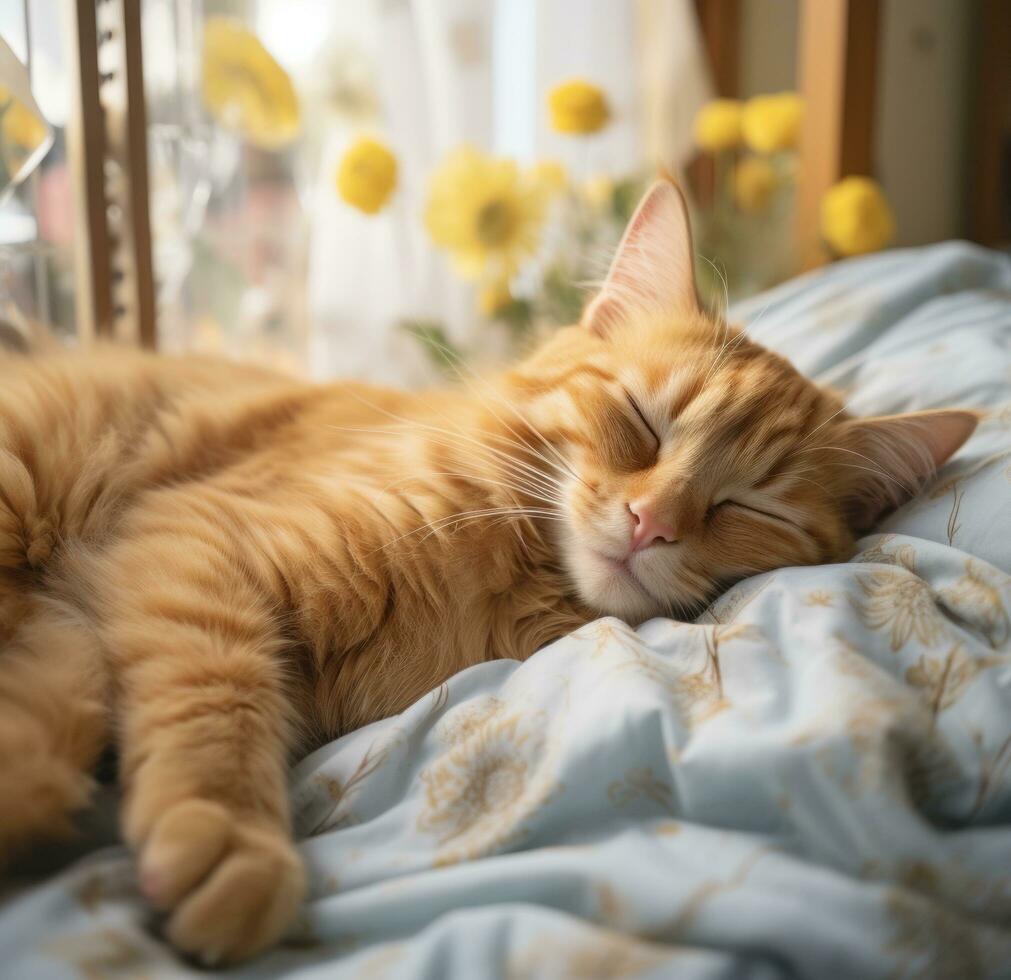 ai generiert süß Orange Katze Schlafen Innerhalb ein Bett mit seine Augen geschlossen foto