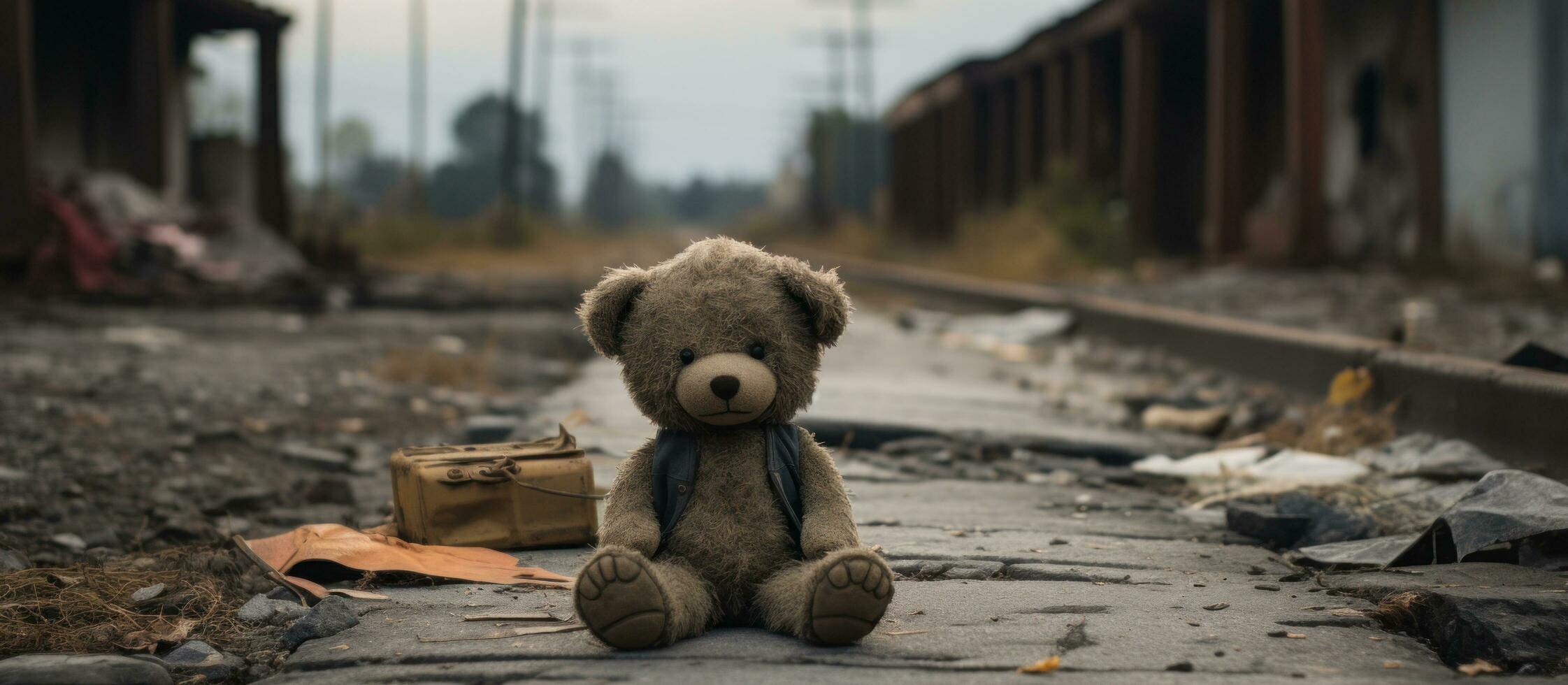 ai generiert ein Teddy Bär Sitzung auf ein gebrochen Pfad foto