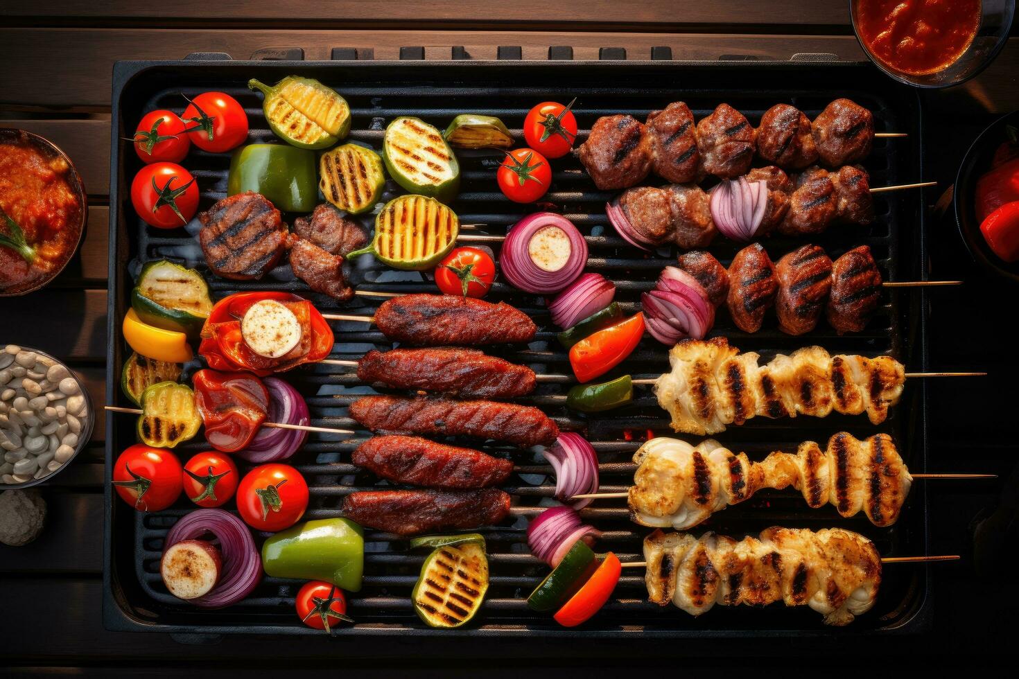 ai generiert Grill mit köstlich gegrillt Fleisch und Gemüse auf Grill, oben Sicht, Grill Kochen draussen Freizeit Party, oben Sicht, ai generiert foto