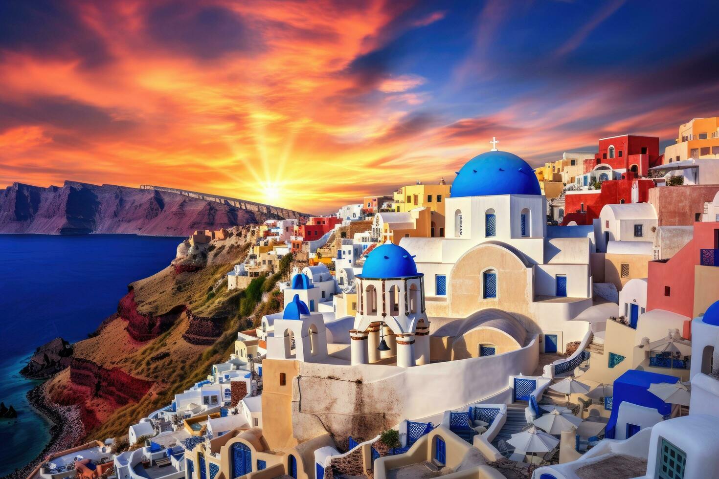 ai generiert Sonnenuntergang Über oia Dorf auf Santorini Insel, Griechenland, schön Aussicht von Kirchen im oia Dorf, Santorini Insel im Griechenland beim Sonnenuntergang, mit ein dramatisch Himmel, ai generiert foto
