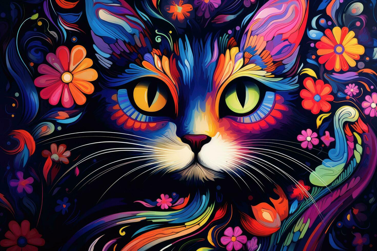 ai generiert bunt Katze mit Blumen- Ornament auf schwarz Hintergrund. Vektor Illustration, künstlerisch Hintergrund mit ein bunt Katze, ai generiert foto