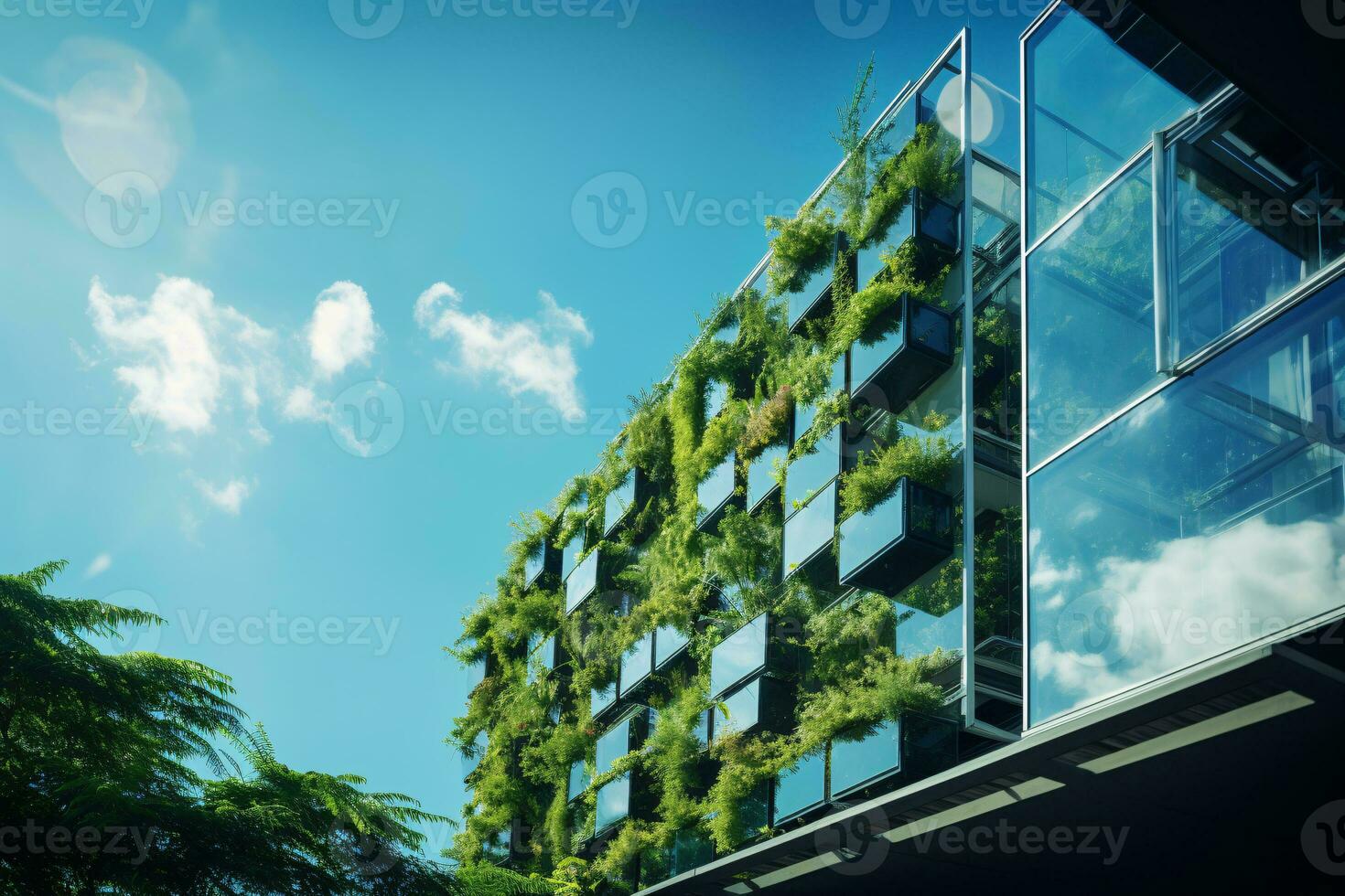 ai generiert umweltfreundlich Gebäude im das modern Stadt. nachhaltig Glas Büro Gebäude mit Baum zum reduzieren Kohlenstoff Dioxid. Büro Gebäude mit Grün Umfeld. korporativ Gebäude reduzieren co2. foto