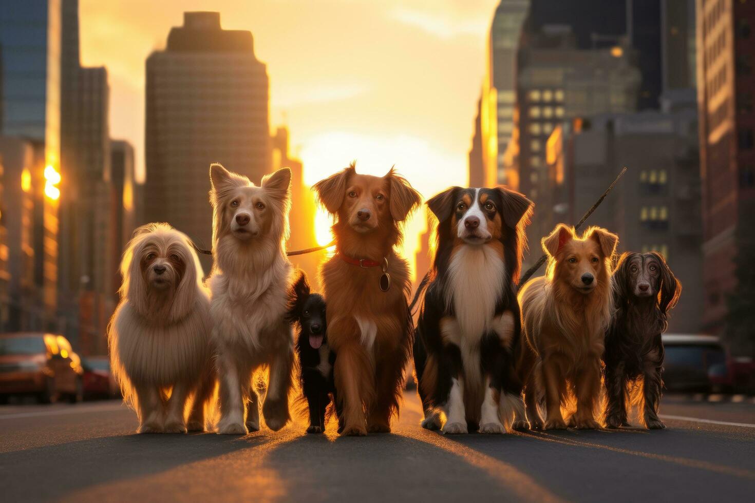 ai generiert ein Gruppe von australisch Schäfer Hunde Gehen im das Stadt beim Sonnenuntergang, ein Gruppe von Hunde genießt ein Sonnenuntergang Bummel im das Stadt, mit Dackel und ein Spaniel, ai generiert foto