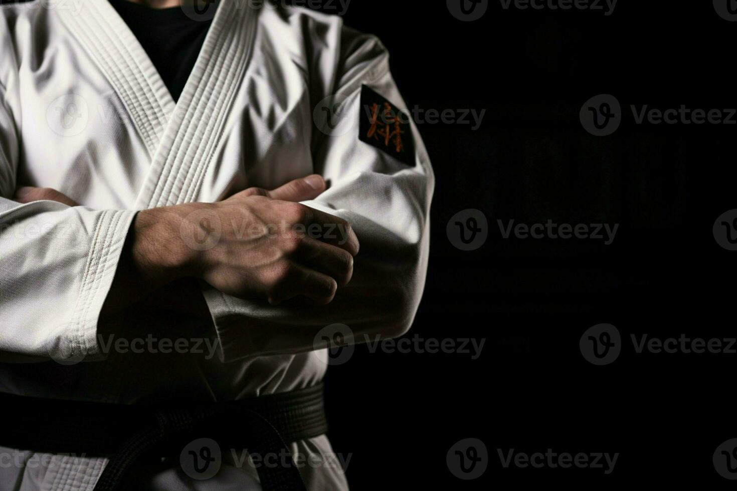 ai generiert Karate Meister stolz Kupplungen schwarz Gürtel, symbolisieren Sachverstand und Meisterschaft foto