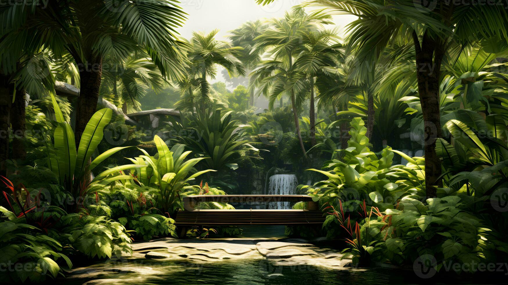 ai generiert hölzern Bank im ein tropisch Garten mit Palme Bäume und Pflanzen foto