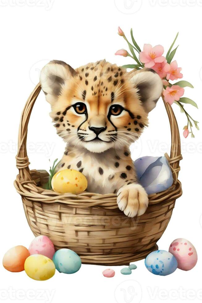 ai generiert Grafik von ein Baby Gepard im ein Ostern Korb mit Ostern Eier foto