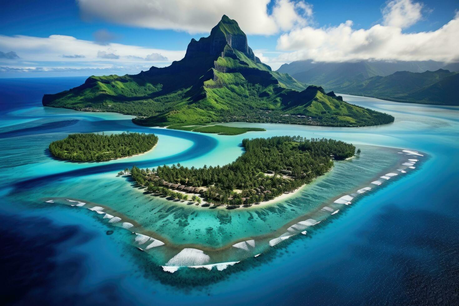 ai generiert Antenne Aussicht von Insel mit ein klein Insel im das Ozean, Bora Bora Antenne Sicht, Tahiti, Französisch Polynesien, ai generiert foto