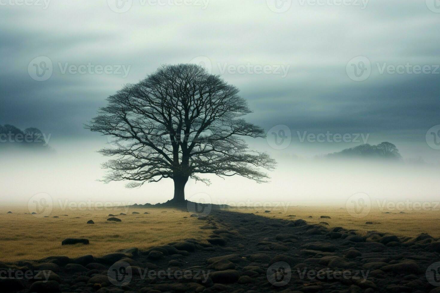 ai generiert einsam Baum taucht auf von Nebel, ein majestätisch Zahl im öffnen Feld foto