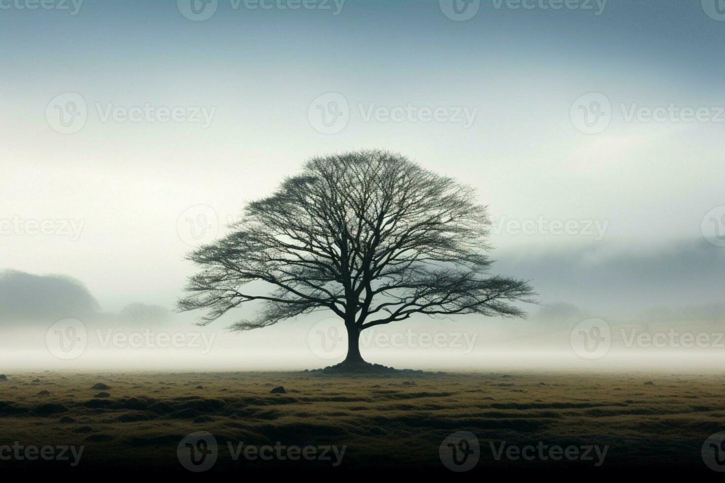 ai generiert einsam Baum taucht auf anmutig von das Nebel im ein öffnen Feld foto