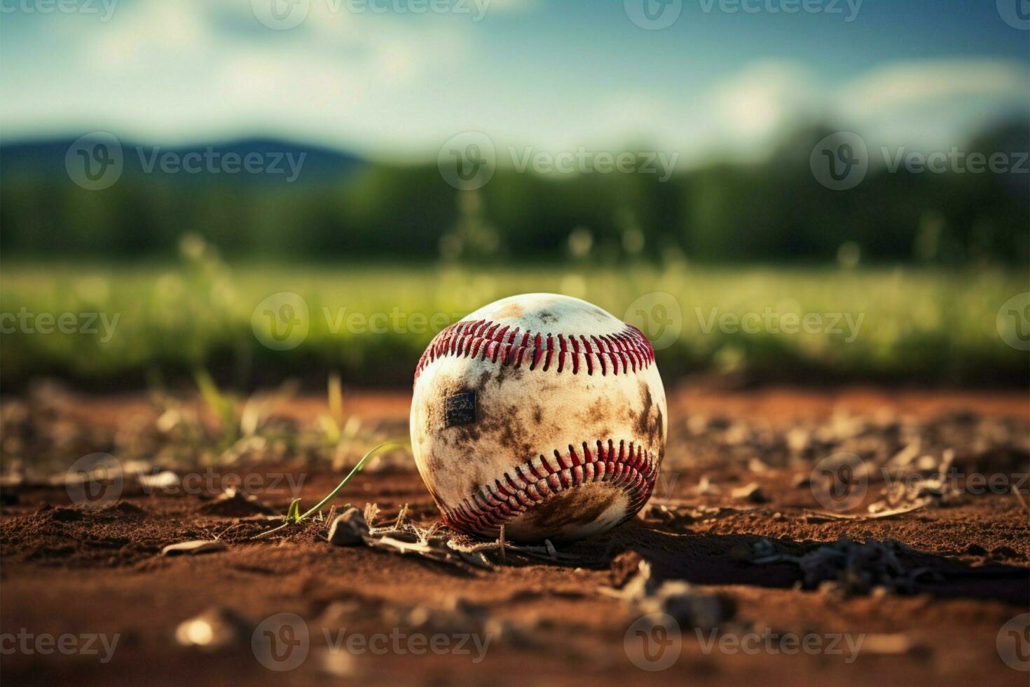 ai generiert amerikanisch Zeitvertreib Baseball auf ein grasig Feld, Jahrgang retro Grafik Kunst foto