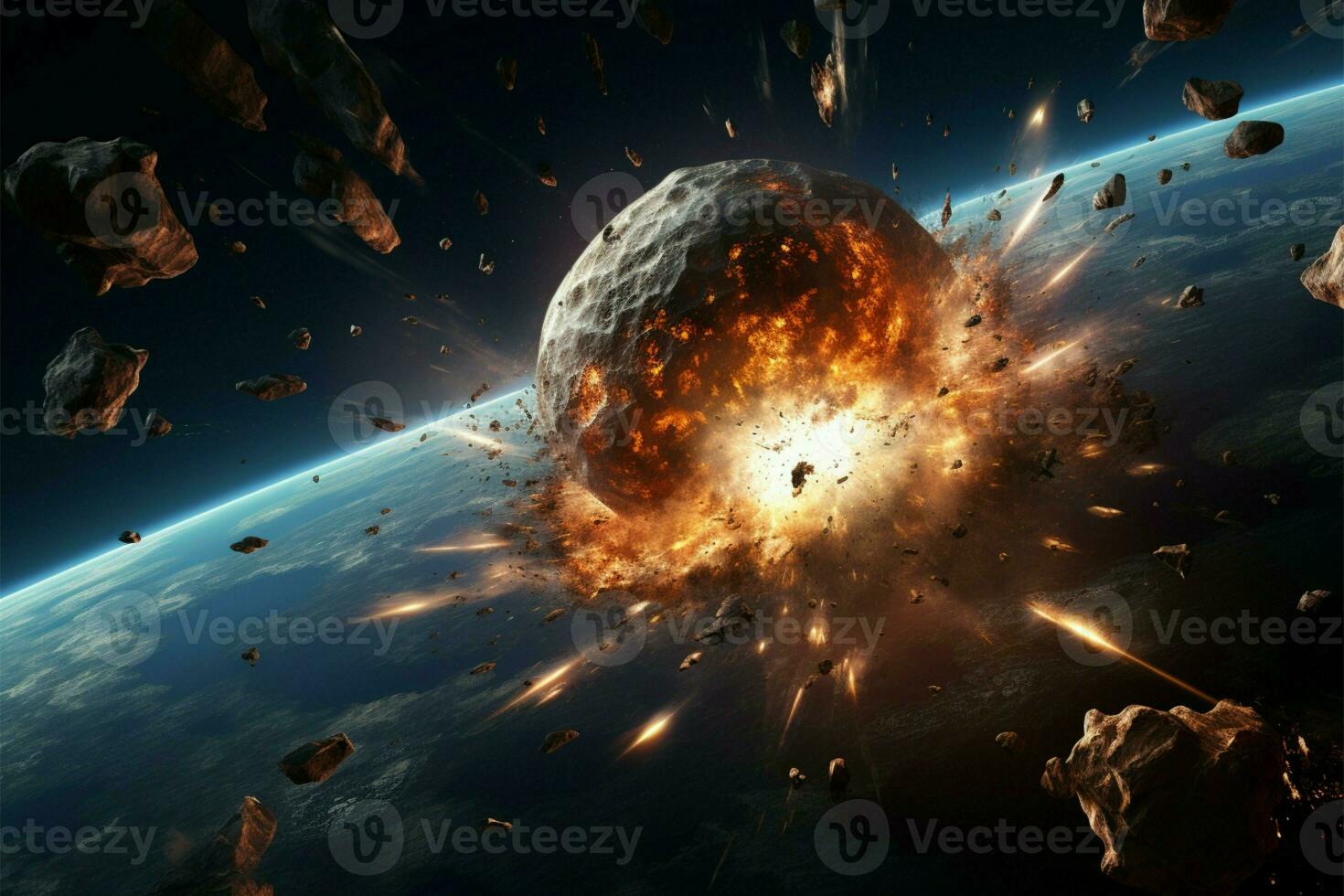 ai generiert astronomisch Chaos Meteor Auswirkung, Asteroid Apokalypse, und Raum Explosion Illustration foto