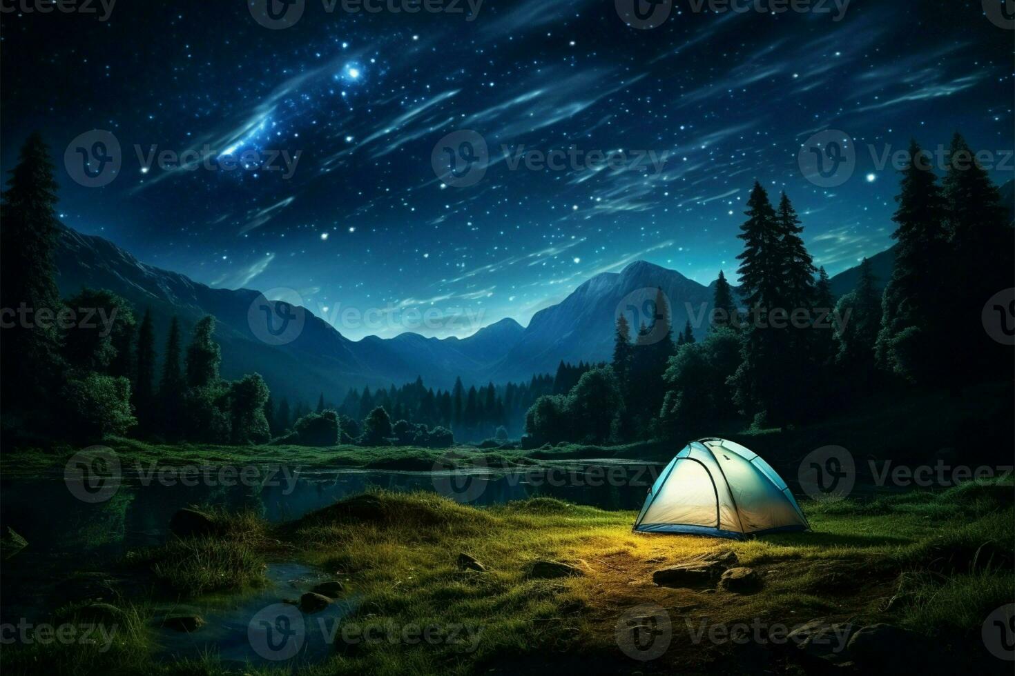 ai generiert Wald Kosmos sternenklar Nacht Natur Abenteuer im das bergig Landschaft foto