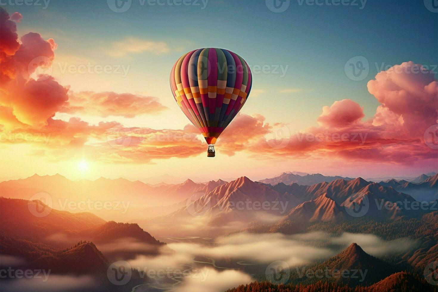 ai generiert Sonnenaufgang Abenteuer heiß Sommer- Landschaft mit Ballon, Luft Reise Spaß foto