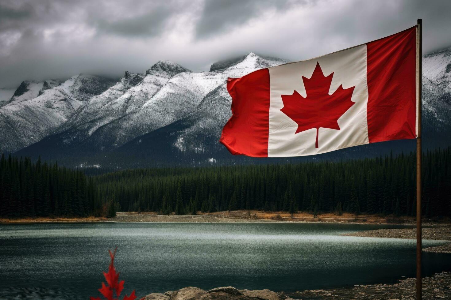 ai generiert kanadisch Flagge winken im das Wind gegen szenisch Aussicht von See und Berge, Kanada Flagge und schön kanadisch Landschaften, ai generiert foto