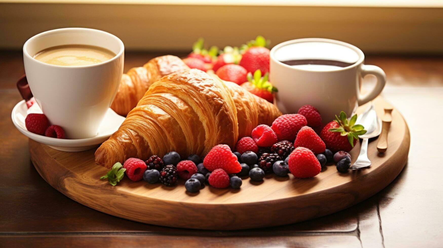 ai generiert ein köstlich Frühstück Tableau mit Croissants, Beeren, und dämpfen Kaffee foto