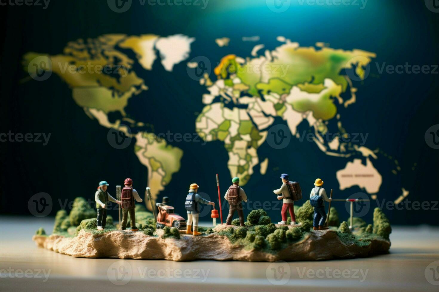 ai generiert Abenteuer Reise Miniatur Menschen erkunden ein Welt Karte, Reise Konzept foto