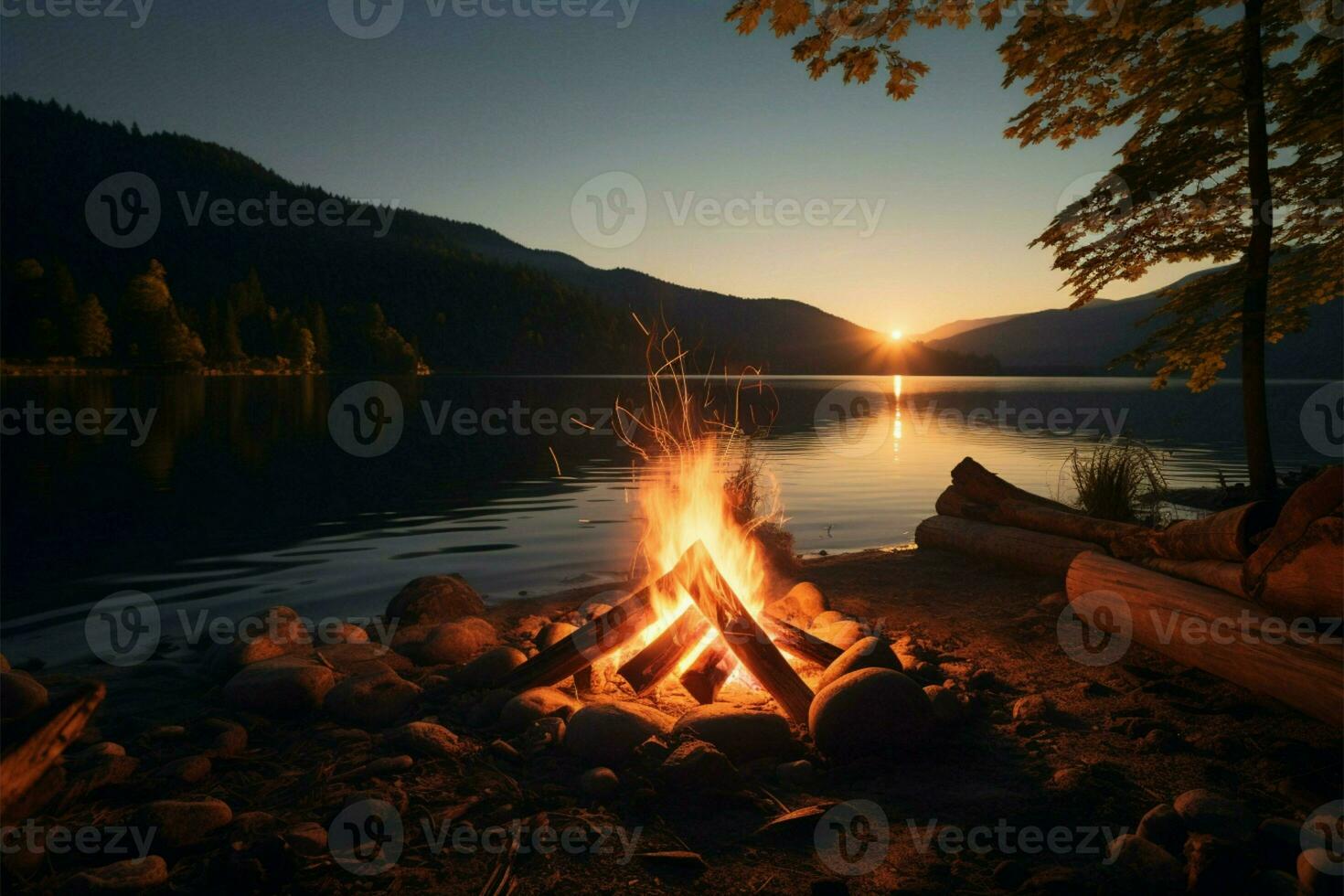 ai generiert Naturen Wärme Lagerfeuer Lagerfeuer durch das See im ein draussen Landschaft foto