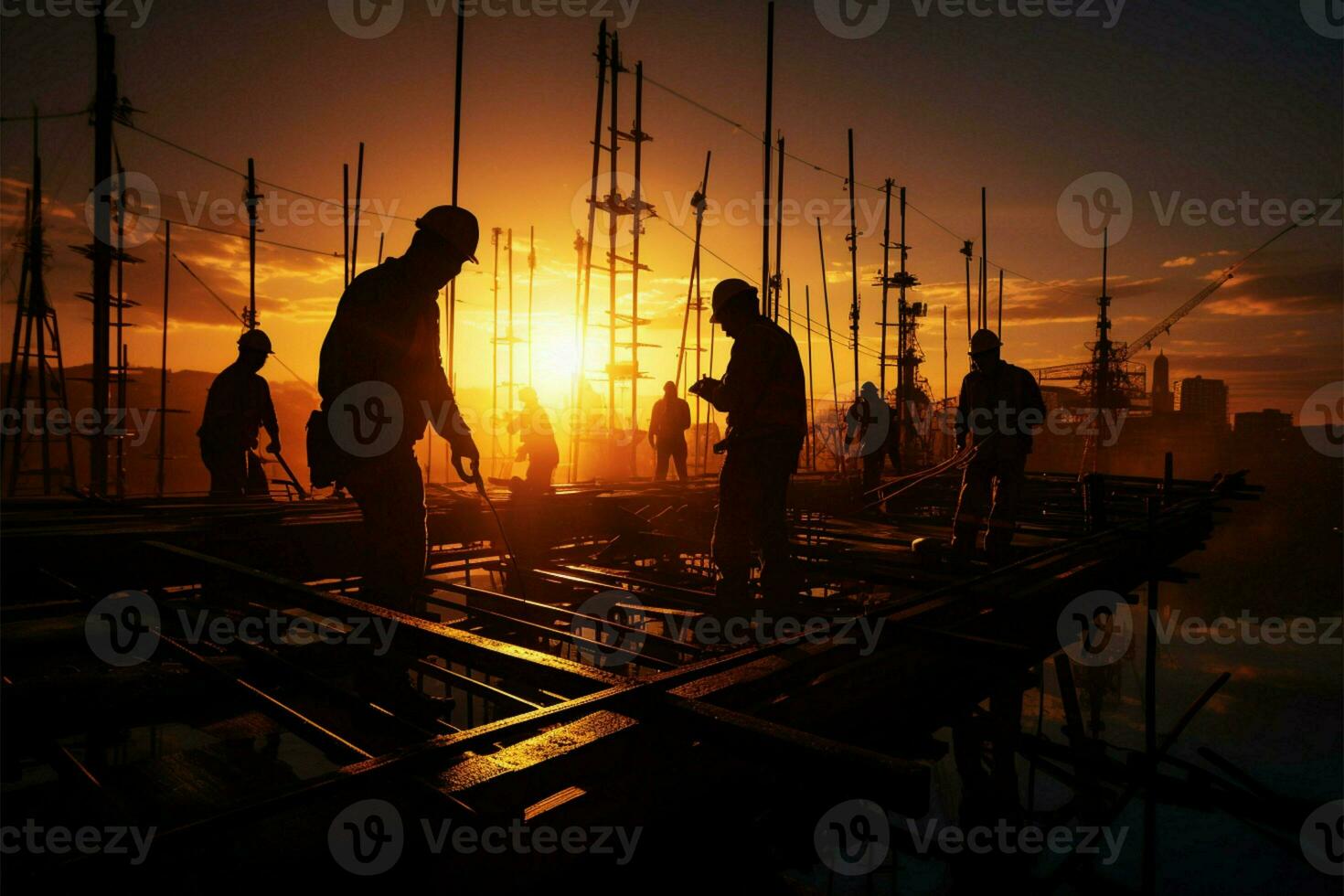 ai generiert Sonnenuntergang Zusammenarbeit Konstruktion Ingenieur, Auftragnehmer, bürgerlich Mannschaft Silhouette beim Projekt Seite? ˅ foto