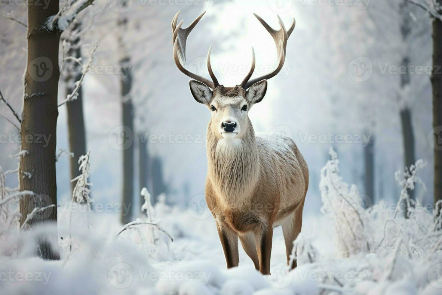 ai generiert still Winter Szene ein Hirsch im ein Schnee bedeckt Feld foto