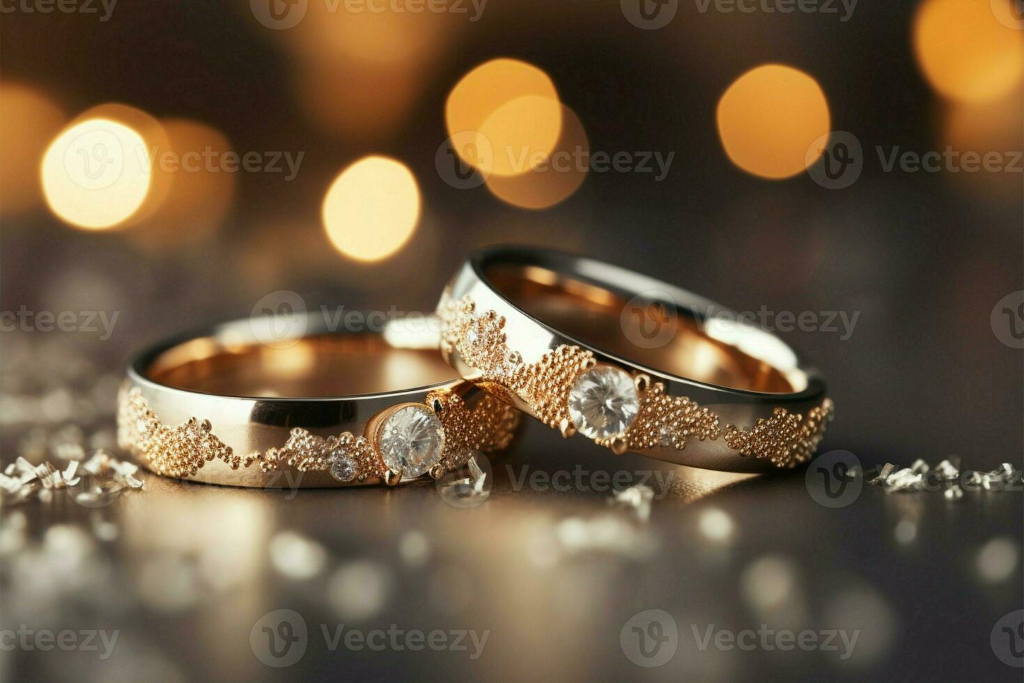 ai generiert glänzend Gelübde Silber und Gold Hochzeit Ringe auf Bokeh Hintergrund foto