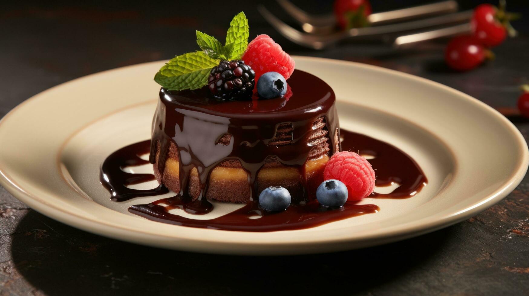 ai generiert das Beste dunkel Schokolade Mousse, mit Beeren und Obst foto