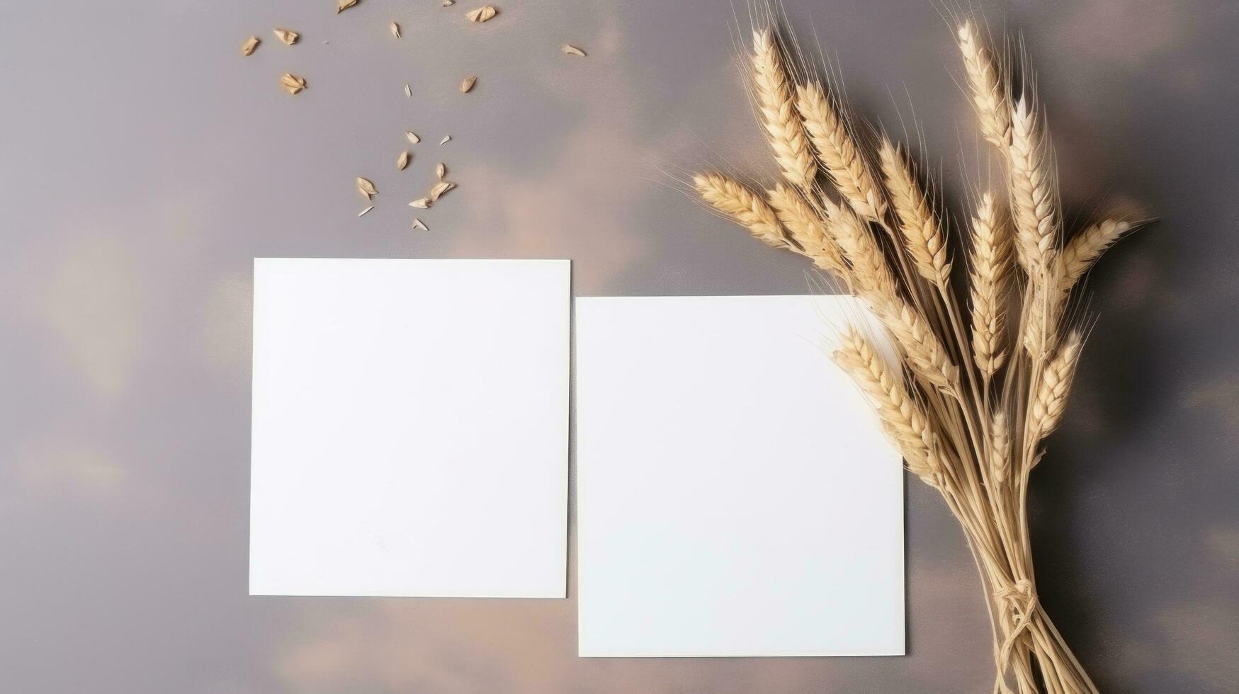 ai generiert Gruß Karte und trocken Weizen auf grau Hintergrund und ein leer Karte foto