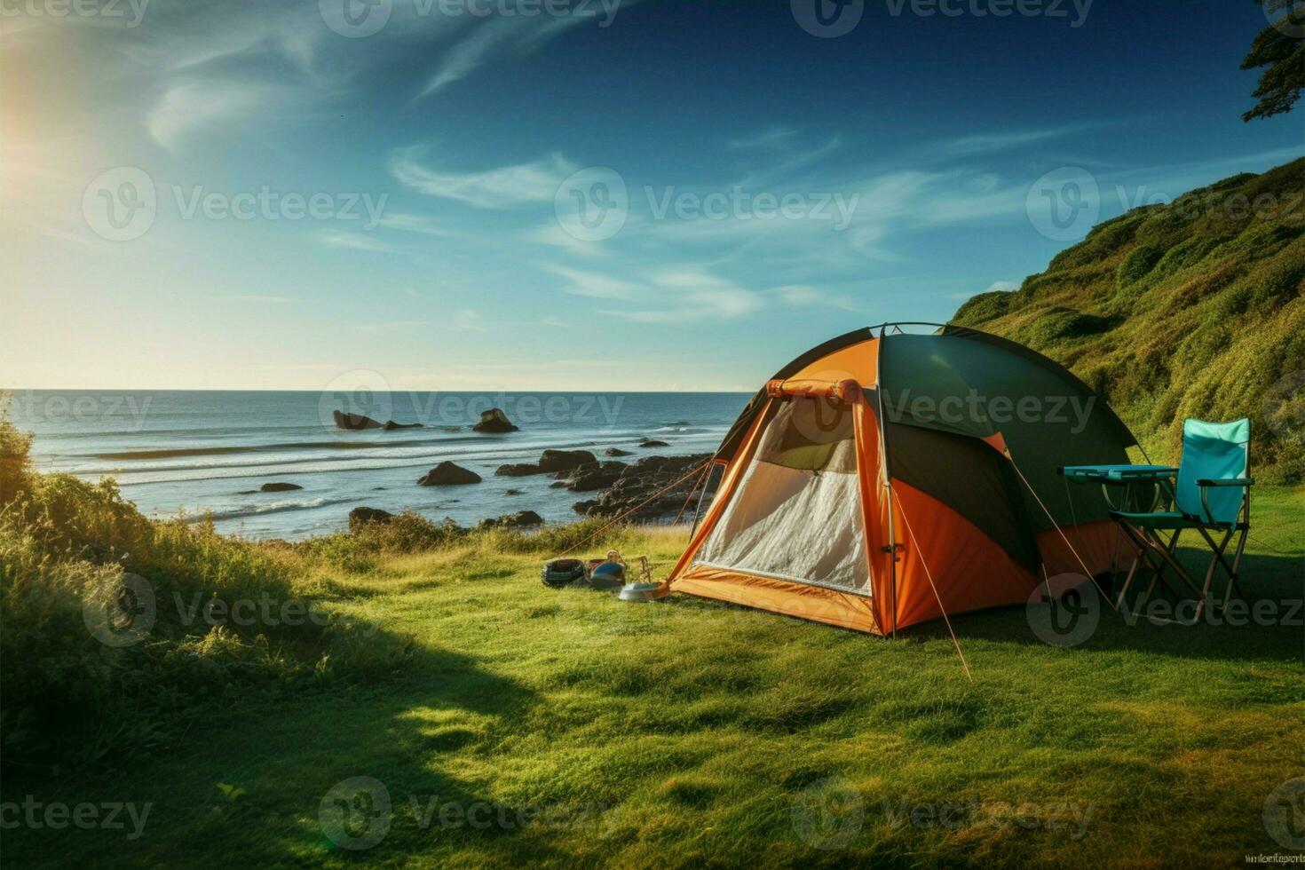 ai generiert Seelandschaft Campingplatz Zelt und Camping Ausrüstung auf beschwingt Grün Gras foto