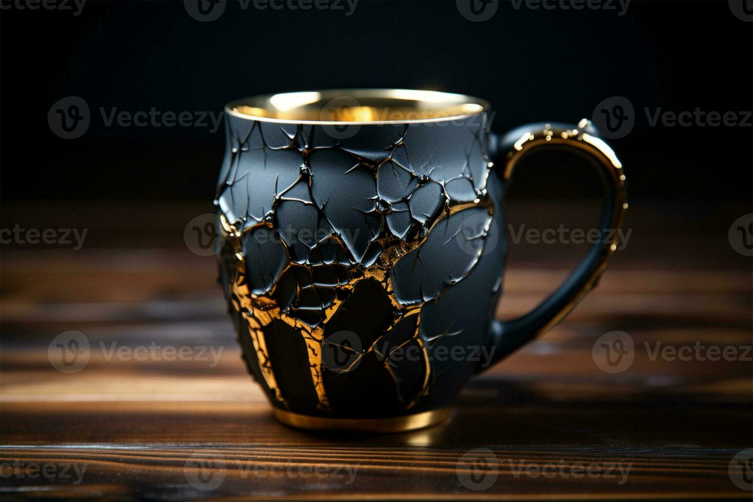ai generiert Kaffee Tasse mit gebrochen Glas auf ein hölzern Tisch. 3d Rendern foto