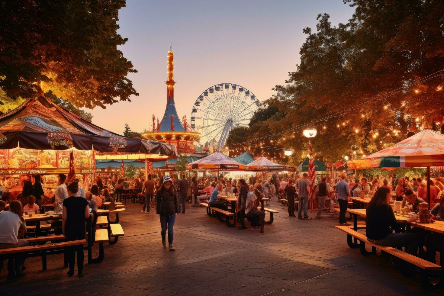 ai generiert unbekannt Menschen auf das Messegelände Fahrten im Frankfurt, Deutschland, Bier Zelte und Messegelände Fahrten auf das Oktoberfest im München, ai generiert foto