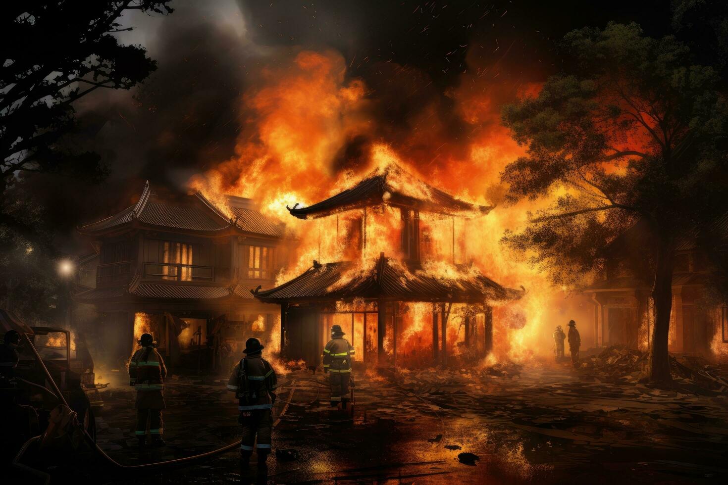 ai generiert Feuerwehrleute löschen ein Feuer im ein Tempel während ein Feuer, asiatisch Haus auf Feuer, und Feuerwehrleute sind Arbeiten zu halt das Feuer, ai generiert foto