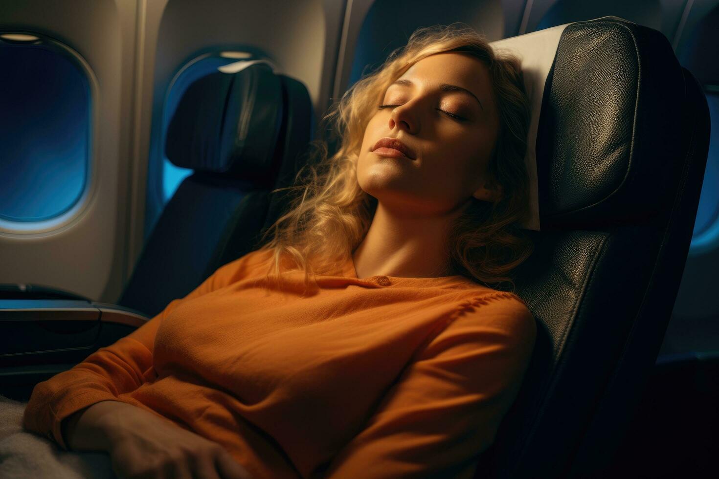 ai generiert jung Frau Schlafen im Flugzeug Sitz. Reisen durch Flugzeug Konzept, schön jung Frau Schlafen auf ihr Sitz im zuerst Klasse auf ein Flugzeug, ai generiert foto