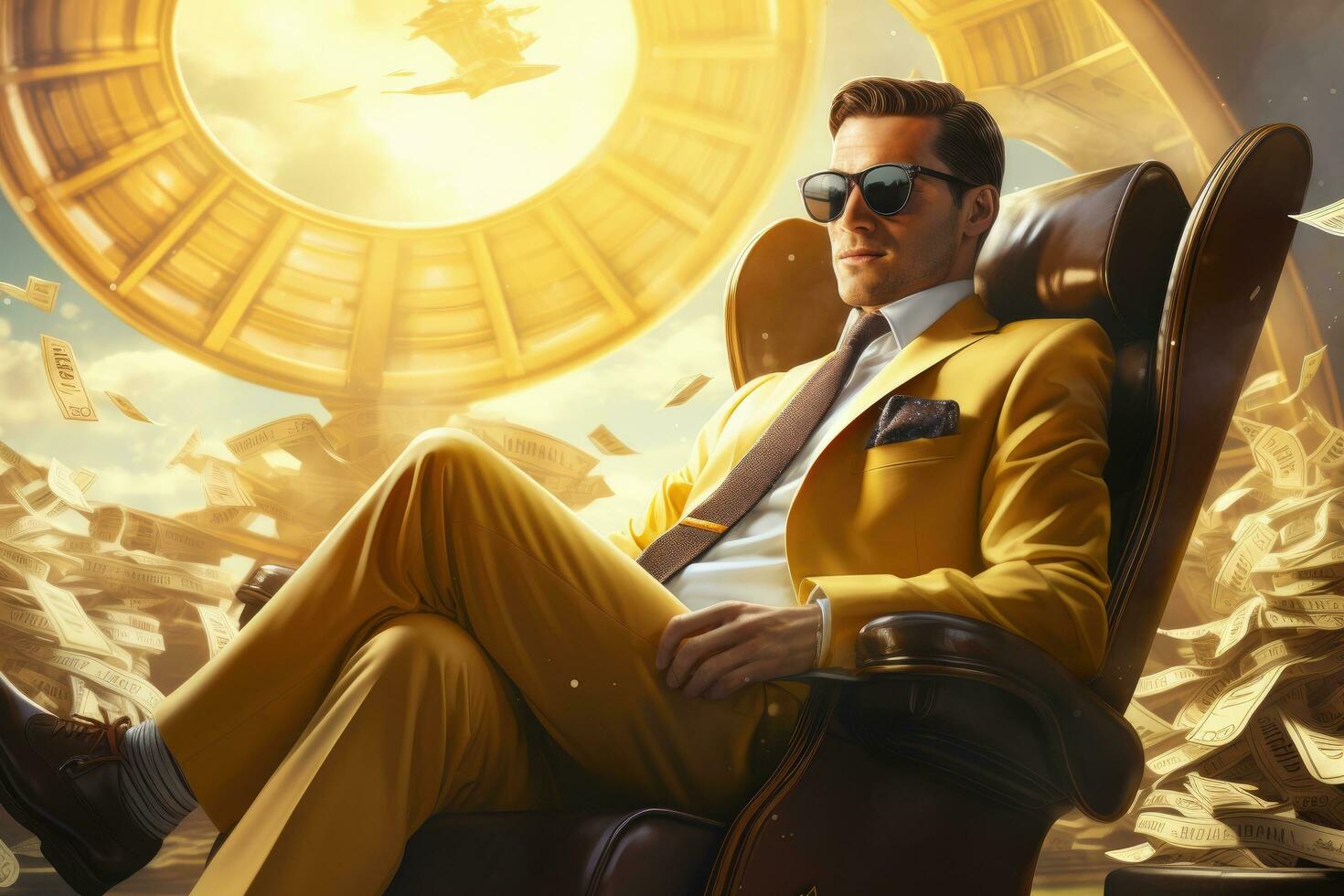 ai generiert gut aussehend jung Mann im ein Gelb passen und Sonnenbrille Sitzung im ein Sessel, Milliardär Geschäft Person, ai generiert foto
