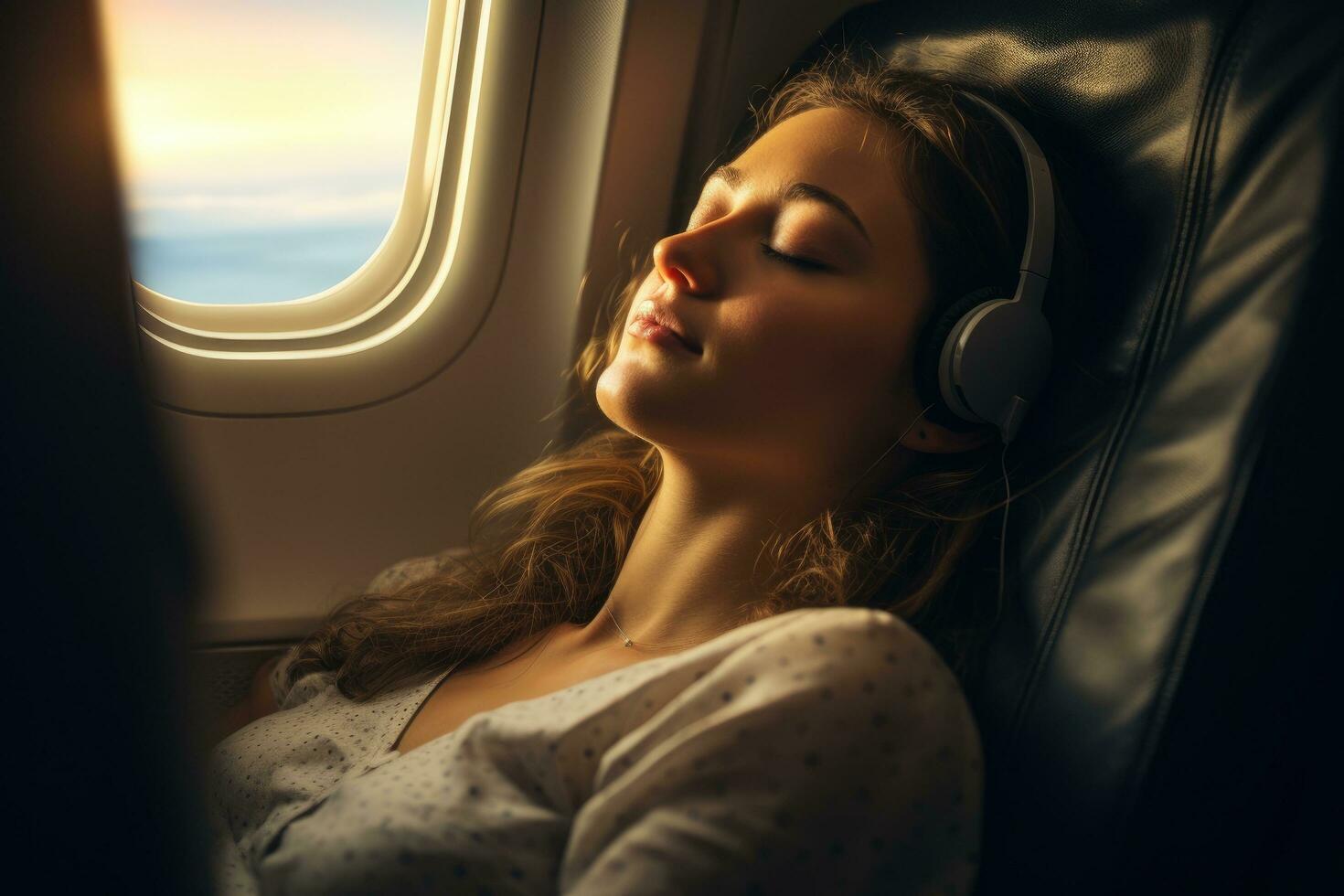 ai generiert schön jung Frau im Kopfhörer Hören zu Musik- während Reisen durch Flugzeug, schön jung Frau Schlafen auf ihr Sitz im zuerst Klasse auf ein Flugzeug, ai generiert foto