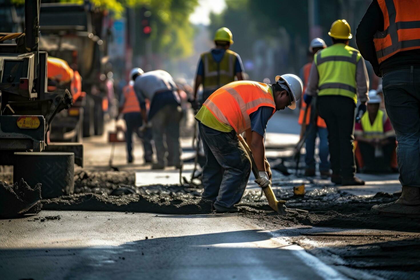 ai generiert Arbeitskräfte auf Straße Konstruktion Seite? ˅ Verlegung Asphalt und Verlegung Neu Straße, Asphalt Auftragnehmer Arbeiten auf Straße, Ingenieure sind Arbeiten auf Straße Konstruktion, ai generiert foto