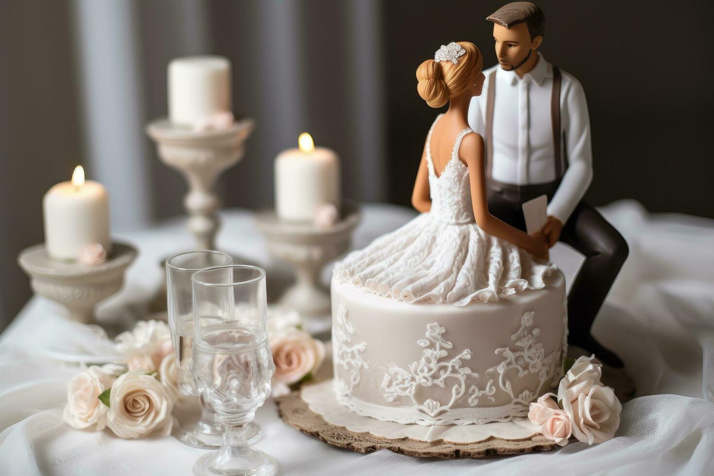ai generiert Hochzeit Kuchen mit Braut und Bräutigam Figur, selektiv Fokus, Braut und Bräutigam mit Weiß Kleid, Hochzeit Tabelle Rahmen Hochzeit Kuchen und Dekoration Ringe, ai generiert foto