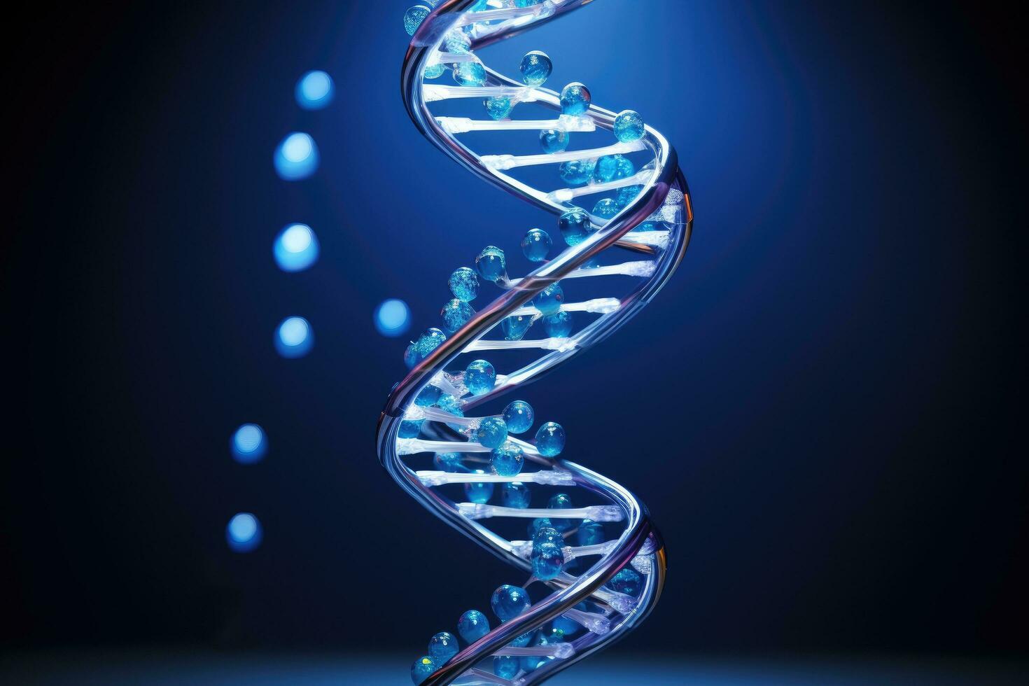 ai generiert DNA Strand auf Blau Hintergrund. 3d Wiedergabe, 3d Illustration, Blau DNA Strand molekular Struktur Modell, ai generiert foto