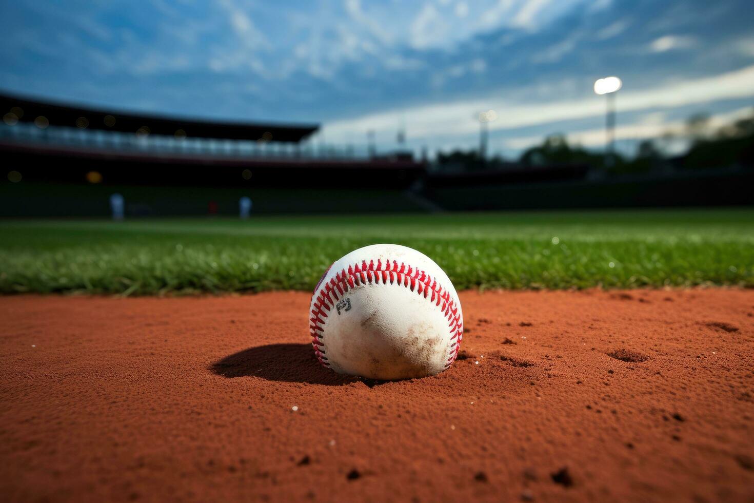 ai generiert Baseball auf das Stadion, weicher Ball auf das Baseball Feld, Baseball auf das Infield Kreide Linie, ai generiert foto