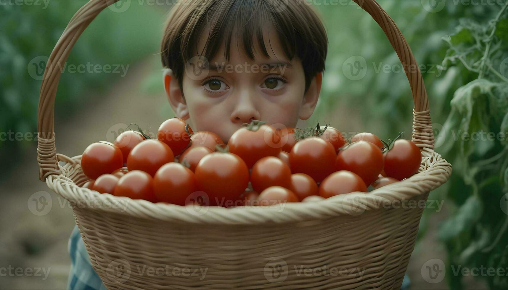 Arm Kind wollen verfault Tomaten er ist hungrig ai generiert Bild foto