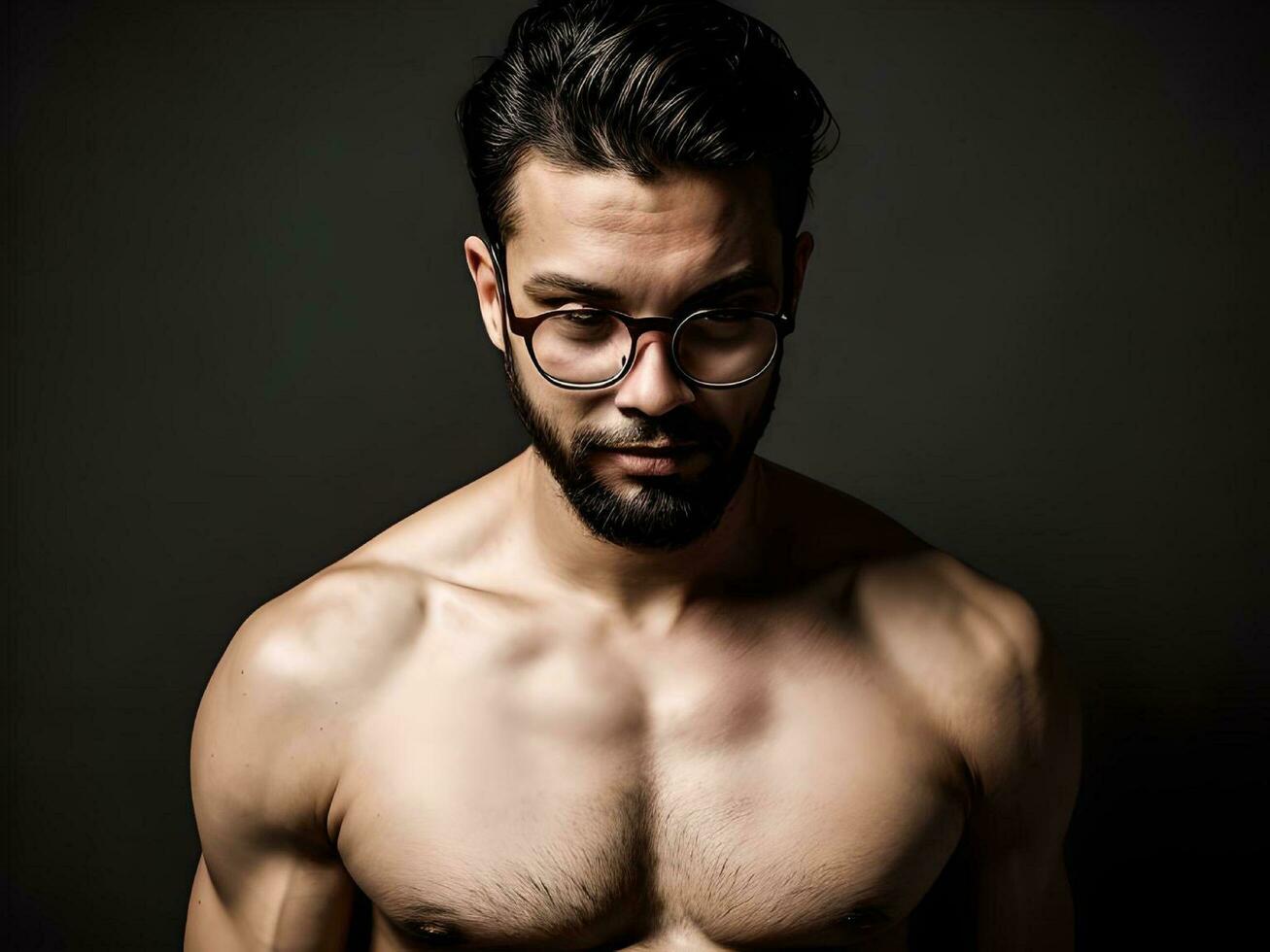 ai generiert sexy muskulös behaart und mit nacktem Oberkörper Kerl suchen Nieder mit Brille und Gesichts- Haar Porträt foto