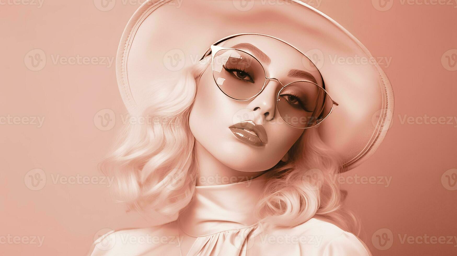 ai generiert Frau tragen ein Rosa Hut und Sonnenbrille, Farbe von das Jahr 2024. ai generiert. foto