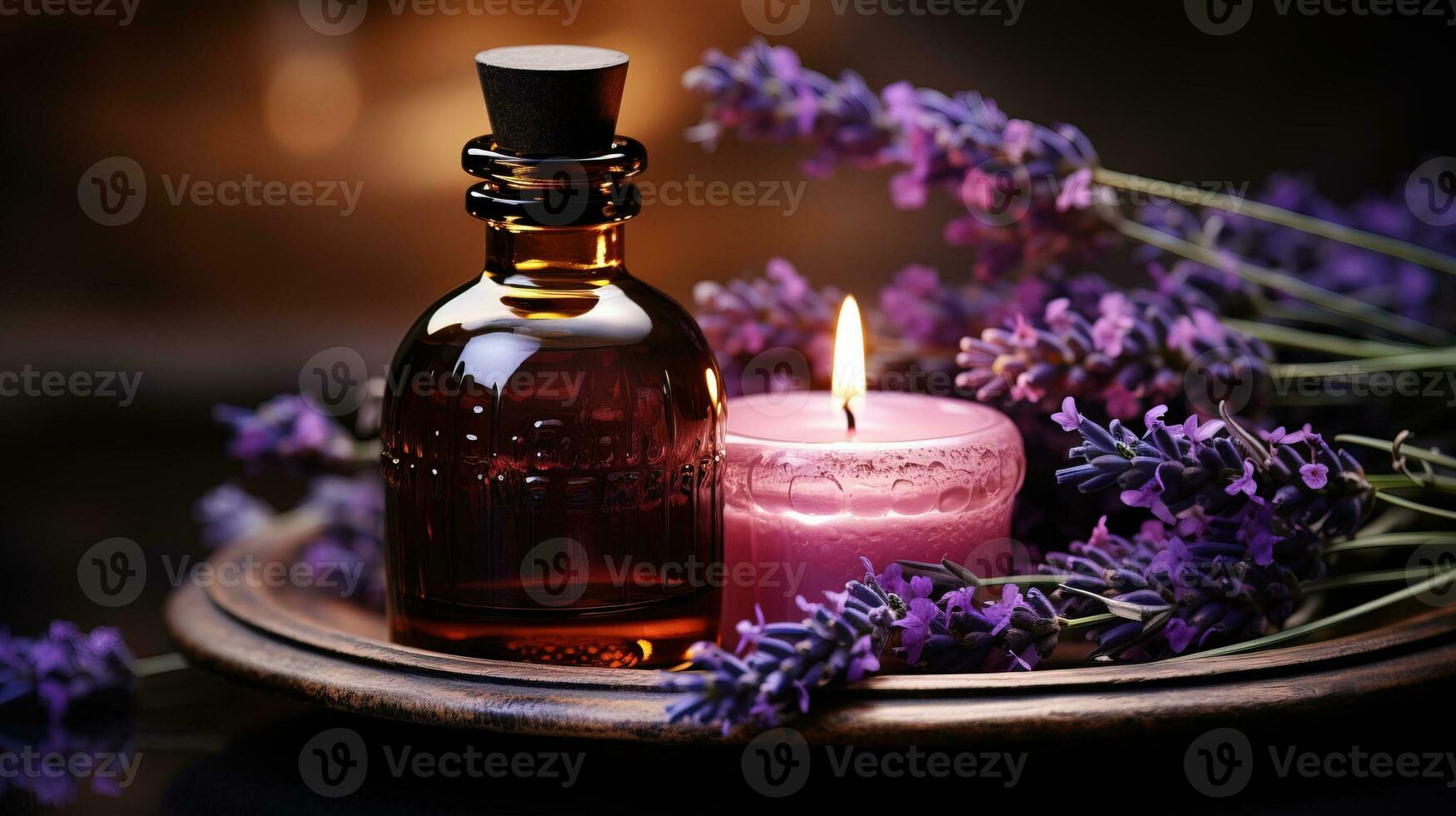 ai generiert Ruhe Aromatherapie Tabelle mit wesentlich Öle auf Es. generativ ai foto