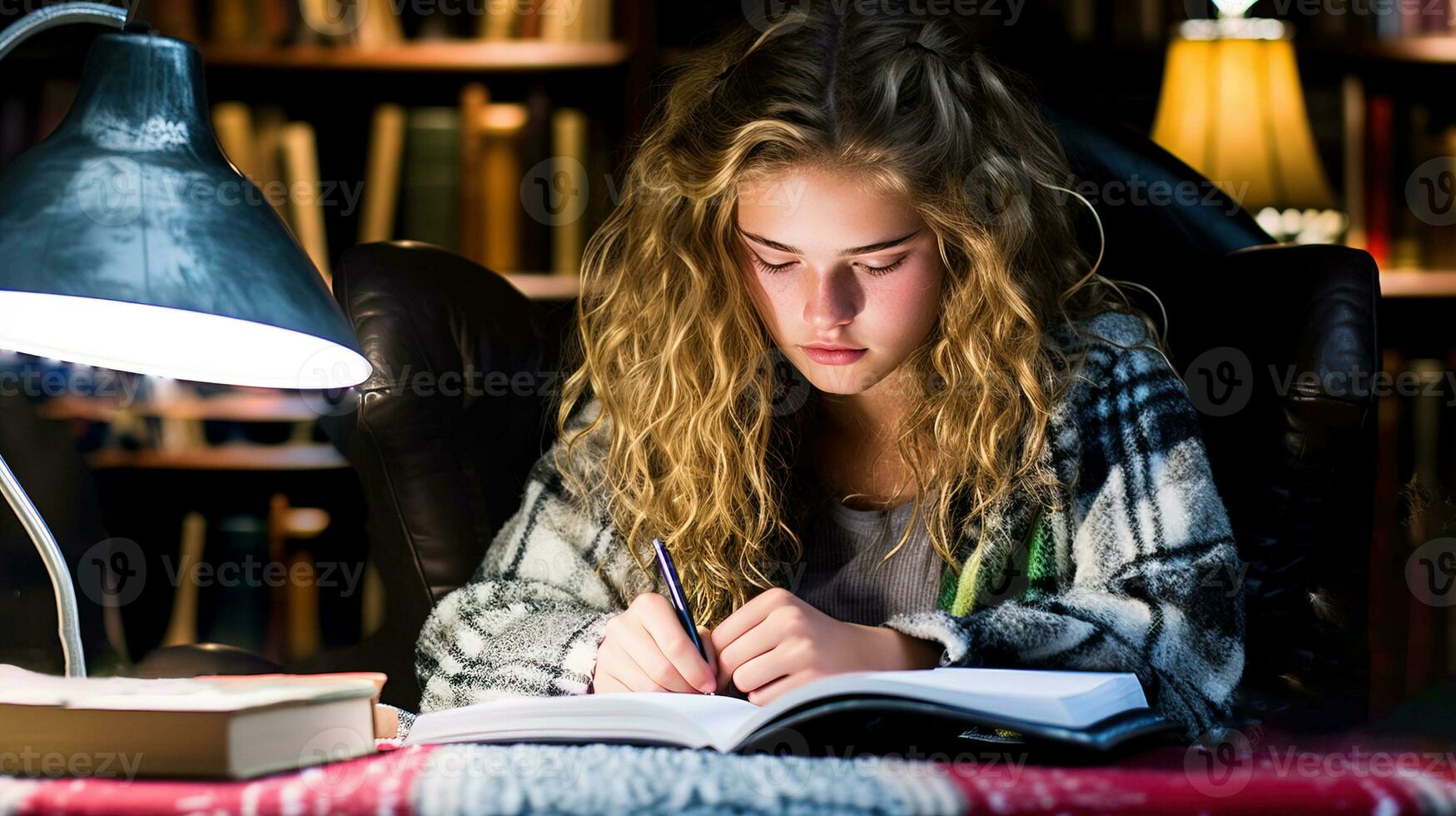 ai generiert Mädchen Fokussierung auf ihr Hausaufgaben im ein schwach zündete Schlafzimmer. generativ ai foto