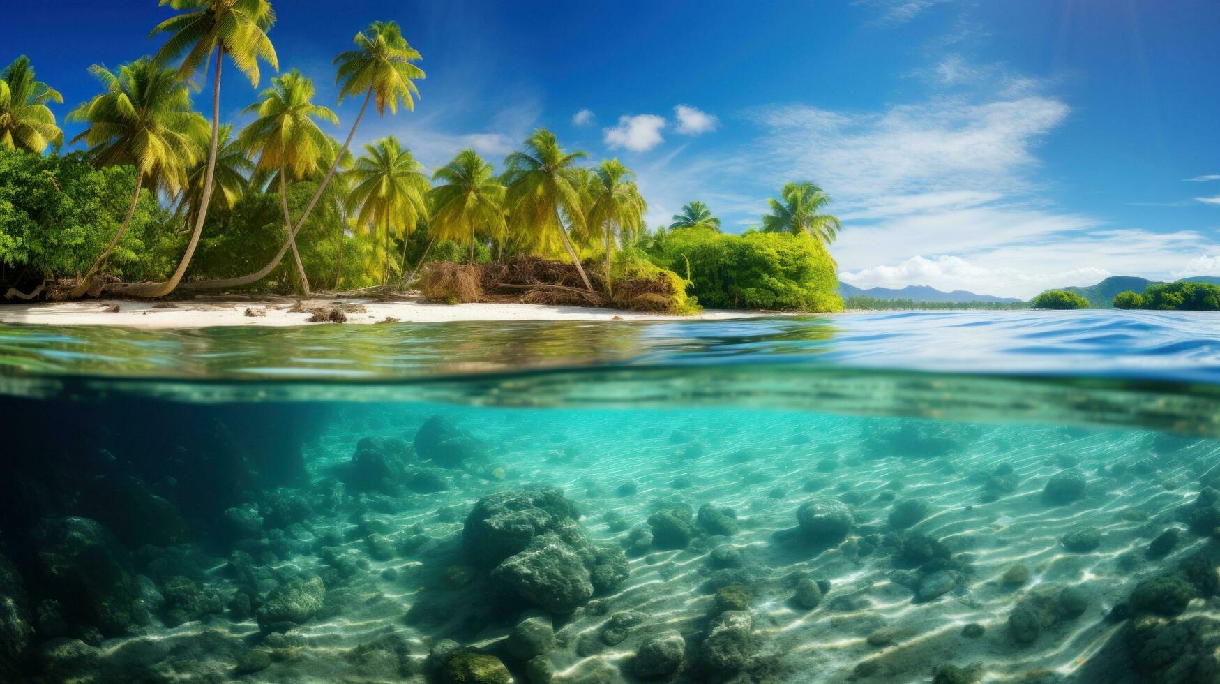 ai generiert ein lebendig Reise Ferien Hintergrund mit üppig Grün, kristallklar Wasser foto