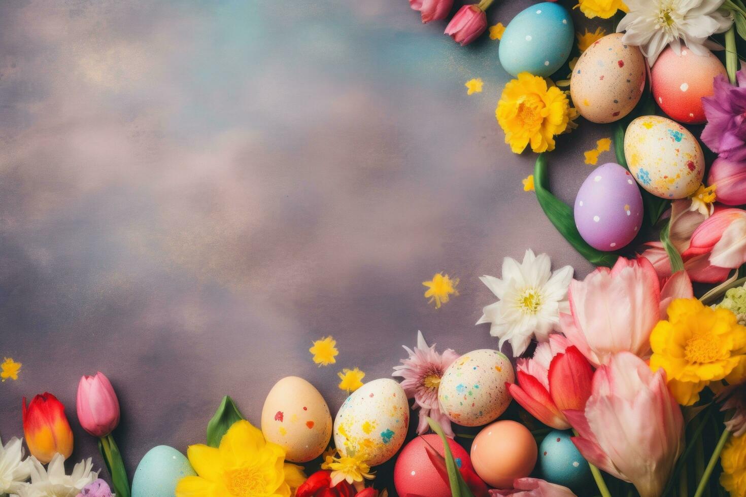 ai generiert beschwingt Hintergrund, bunt Eier, festlich Dekorationen, und ein Segeltuch zum froh Mitteilungen foto